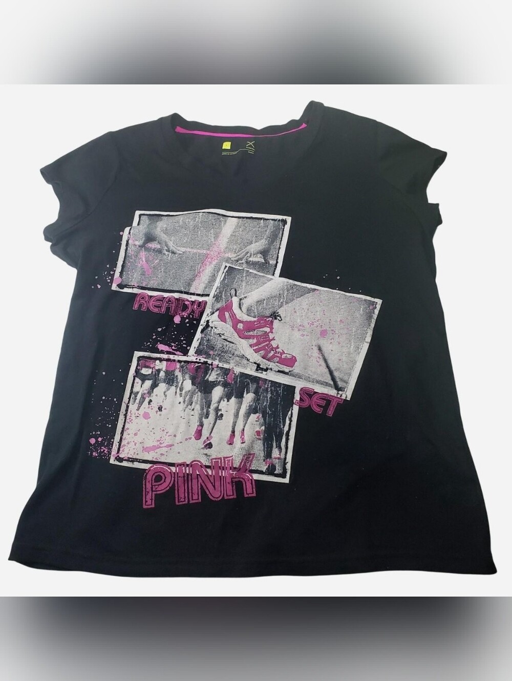 JC Penney Baby Tee Womens Large Black Pink Graphic Tshirt Ready Set Pink Y2K Top
